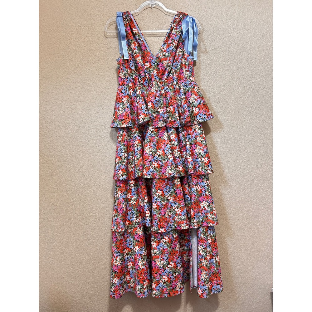 Wenrine Size M Floral Tiered Maxi Dress Orange Blue Ribbon Tie Strap Cottagecore